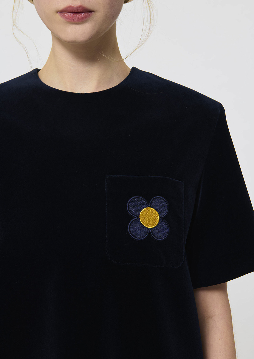 Romie темно-синее платье из бархата с вышивкой