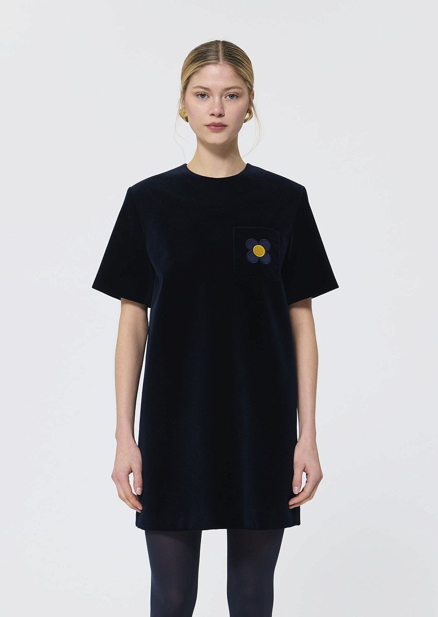 Romie темно-синее платье из бархата с вышивкой